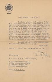 Imrédy Béla (1891-1946) az MNB elnöke által saját kezűleg aláírt, gépelt levél Szörtsey József ügyvédnek.