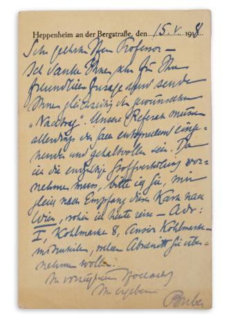 Martin Buber vallásfilozófus két levelezőlapja Blau Lajos hittudós számára 1918.   