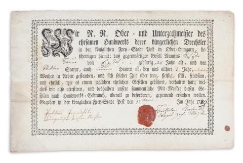 Pesti esztergályos céhlevél, 1789.   