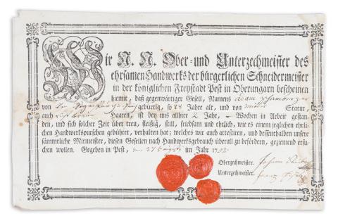 Pesti szabómester céhlevél 1792.   