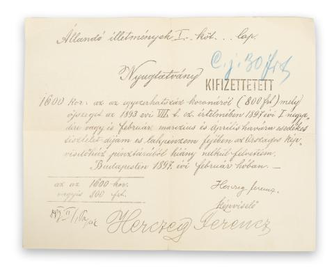 Herczeg Ferenc által aláírt nyugtatvány   