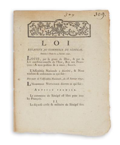 Loi relative au commerce du Sénégal. Donnée a Paris le 23 Janvier 1791.  Rouen, 1791. Louis Oursel 