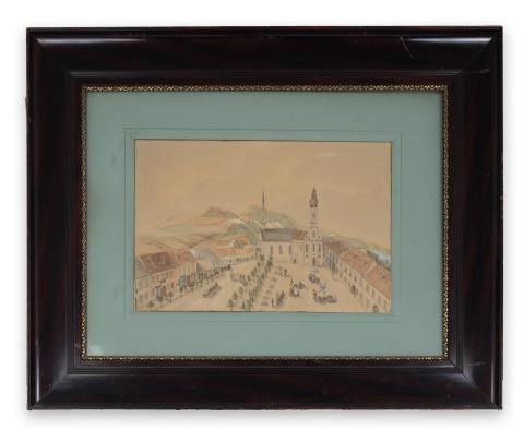 Losonc látképe: Losonc főtere akvarell   