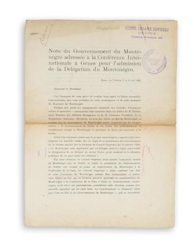 Note du Gouvernement du Monténégro adressée à la Conférence Internationale à Gênes pour l’admission de la Délégation du Monténégro.  Rome, 1922. 