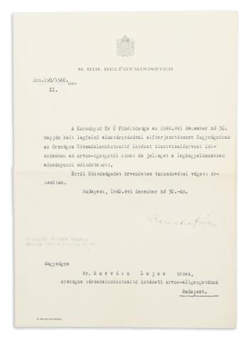 Orvos-igazgatói kinevezés Keresztes-Fischer Ferenc belügyminiszter saját kezű aláírásával  Budapest, 1940. december 30. 