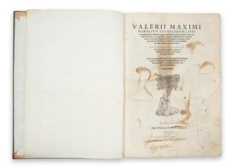 Valerius Maximus: Valerii Maximi Moralium Exemplorum Libri novem, summa diligentia castigati, ac fidelissimis eruditissimorum virorum Oliuerii. s. Arziganensis, Iodociq[ue] Badij Ascensii commentariis enarrati, quibus addita sunt quattuor & viginti exempla, nuper Aldi Manutii industria inuenta, eiusdem Ascensii commentariis exornata.  Venetis, 1541,  apud Octauianum Scotum. D. Amadei. F. 