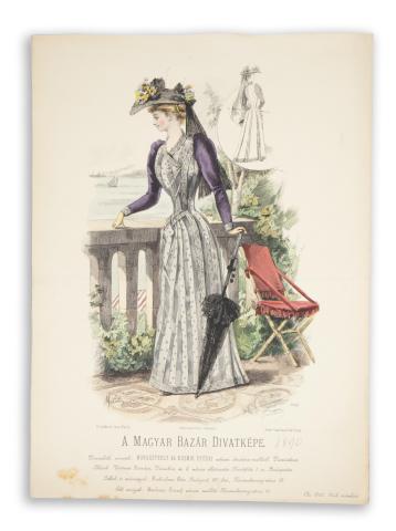 A Magyar Bazár Divatképe. Színezett lithográfia.  [Paris, 1890. H. Lefévre imp.] 
