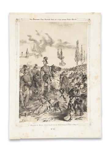 Győr látképe előtérben az 1849. júniusi győri csatával : Katzler, Vinzenz: Ő Felsége Ferencz József Osztrák Császár Győr ostrománál. / Seine Majestat der Kaiser Franz Josef I. bei der Erstürmung von Raab in Ungarn.   [Wien, 1850. Benko] 