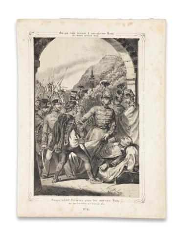 Katzler, Vinzenz: Görgey kíméletet parancsol a haldokló Hentzi ellenében Buda bevételénél /Görgey befiehlt Schonung gegen den sterbenden Hentu bei der Einnahme der Festung Ofen.  [Wien, 1850. Benko] 