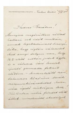 Horthy Miklós magyar nyelvű levele a Viribus Unitis csatahajóról   