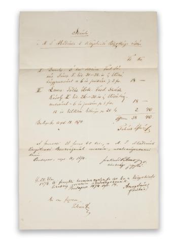 Arany János, az MTA főtitkára és Fraknói Vilmos, bizottsági jegyző által aláírt számla   Budapest, 1874. szeptember 14. 