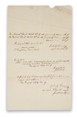 Az Archaeologiai Értesítő Arany János, az MTA főtitkára által aláírt számlája    Budapest, 1873. december 8-9. 