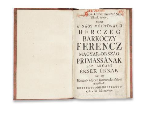 Orczy Lőrincz:  Mátra hegyei között mulatozó Nimfáknak éneke, mellyet a nagyméltóságú herczeg Barkóczy Ferencz Magyar-ország primássának esztergami érsek úrnak   Hely n. 1761-dik esztendőben. Ny. n. 
