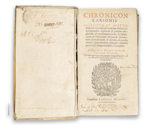 Carion, Johannes: Chronicon Carionis expositum et auctum multis et veteribus et recentibus historiis in descriptionibus regnorum & gentium antiquarum......   [Genf,] 1617. Sumptibus Samuelis Crispini. 