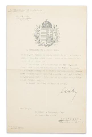 Györössy–Csepreghy Jenő ezredes nyugállományba helyezési parancsa Csáky Károly honvédelmi miniszter autográf aláírásával   Budapest, 1924. október 23. 