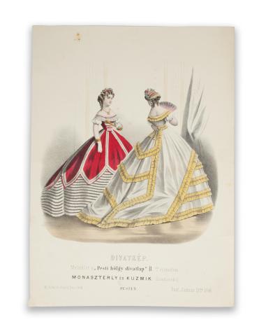 Divatkép. Melléklet a „Pesti hölgy divatlap” II. számához. [Színezett litográfia]   Pest, 1866. Ny. Rohn és Grund 