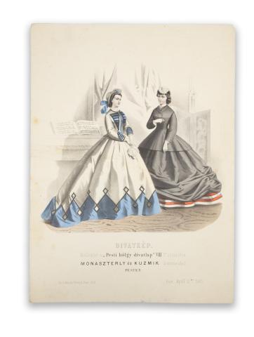 Divatkép. Melléklet a „Pesti hölgy divatlap” VIII. számához. [Színezett litográfia]  Pest, 1865. Ny. Rohn és Grund 