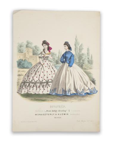 Divatkép. Melléklet a „Pesti hölgy divatlap” X. számához. Színezett litográfia   Pest, 1865. Ny. Rohn és Grund 