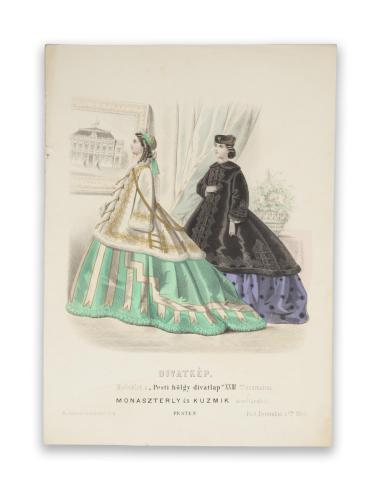 Divatkép. Melléklet a „Pesti hölgy divatlap” XXIII. számához. [Színezett litográfia]   Pest, 1865. Ny. Rohn és Grund 