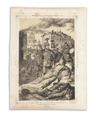 Katzler, Vinzenz : Görgey a haldokló Gotz tábornagynak kezet nyújt a váczi csatatéren / Görgey reicht dem sterbenden General Götz die Hand auf dem Kampfplatze in Waitzen.  [Wien, 1850. Benko] 