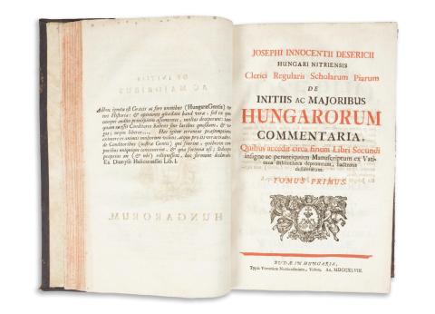 Desericius, Josephus Innocentius [Desericzky József Ince]: De initiis ac majoribus Hungarorum commentaria......Tomus I-V. [Két kötetben]  Budae-Pestini, 1748-1760. V. Nottenstein - L. F. Landerer - L. F. Eitzenberger.  