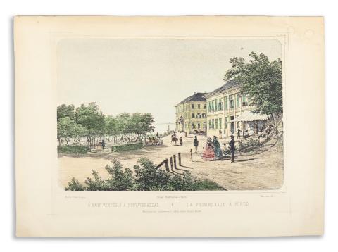 Libay Lajos - Alt, Rudolf: Balatonfüred látképe.  A nagy vendéglő a Horváthházzal - La promenade à Füred  [1840 után] Reiffenstein és Rösch [Bécsben] 