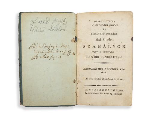 Ország gyűlés a' felséges udvar és királyi fő kormány által ki adott szabályok vagy is útmútató felsőbb rendeletek. Harmadik meg bővitett kiadás.  M.Vásárhelyen 1838, Lötsei Sp. László [Nyomtatta Felső Visti Kali Siméon] 