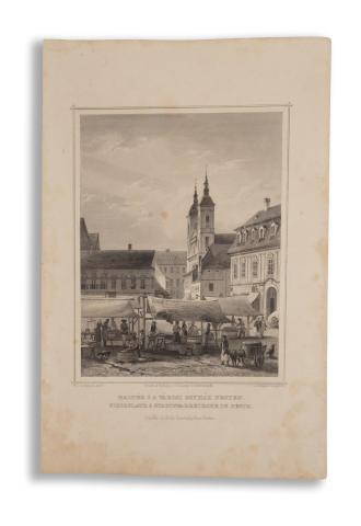 Budapest látképe: Rohbock, Ludwig - J. Riegel: Haltér s a városi egyház Pesten – Fischplatz & stadtpfarrkirche in Pesth    Darmstadt, 1864, Druck & Verlag von Gustav Georg Lange 