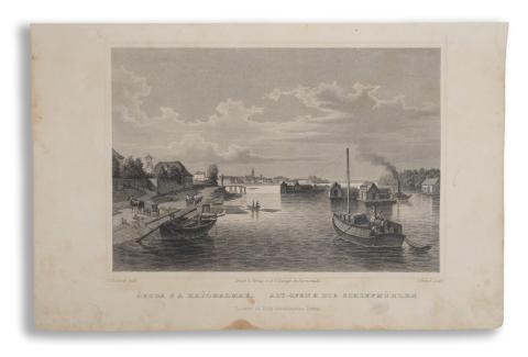 Budapest látképe: Rohbock, Ludwig Óbuda s a hajómalmak - Alt-Ofen & die schiffmühlen  Darmstadt, 1864, Druck & Verlag von Gustav Georg Lange 
