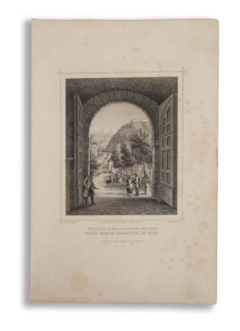 Budapest látképe: Rohbock, Ludwig - Kilátás a várkapuból Budán – Blick durchs burgthor in Ofen   Darmstadt, 1864, Druck & Verlag von Gustav Georg Lange 