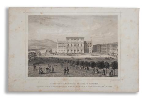Budapest látképe: Rohbock, Ludwig - A Magyar T. Akademia palotája Pesten. Palast der Ungarischen Akademie der Wissenschaften in Pest.  Darmstadt, 1864, Druck & Verlag von Gustav Georg Lange 