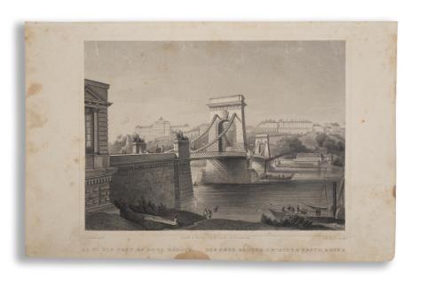 Budapest látképe: Rohbock, Ludwig - Az új híd pest és Buda között. Die neue Brücke Zwischen Pesth & Ofen. Lánchíd  Darmstadt, 1864, Druck & Verlag von Gustav Georg Lange 
