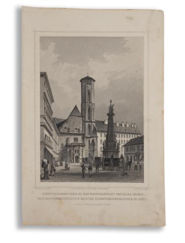 Budapest látképe: Rohbock, Ludwig – Szentháromság tere és Nagyboldogasszony egyháza Budán. Dreifaltigkeitsplatz & Marien Himmelfahrtskirche in Ofen  Darmstadt, 1864, Druck & Verlag von Gustav Georg Lange 
