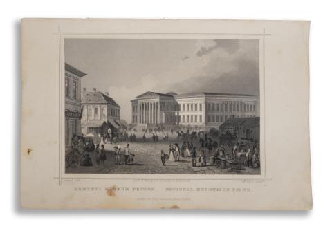 Budapest látképe: Rohbock, Ludwig – Nemzeti Múzeum Pesten. National Museum in Pesth  Darmstadt, 1864, Druck & Verlag von Gustav Georg Lange 