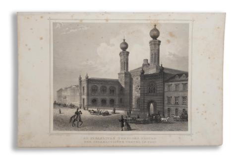 Budapest látképe: Rohbock, Ludwig – Az izraeliták temploma Pesten.  Der israelitische tempel in Pest  Darmstadt, 1864, Druck & Verlag von Gustav Georg Lange 