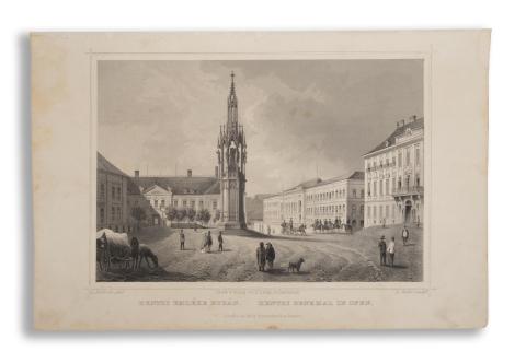 Budapest látképe: Hentzi emléke Budán. Hentzi denkmal in Ofen  Darmstadt, 1864, Druck & Verlag von Gustav Georg Lange 