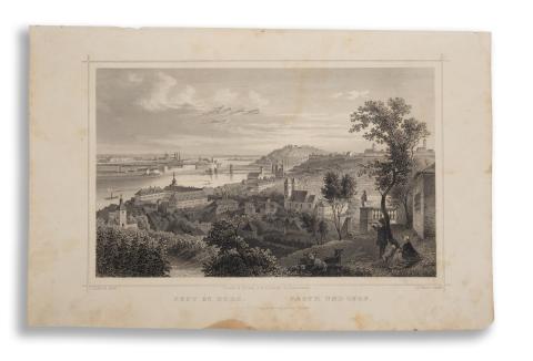 Budapest látképe: Pest és Buda távlati képe. Pest und Ofen  Darmstadt, 1864, Druck & Verlag von Gustav Georg Lange 