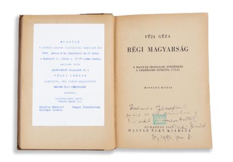 Féja Géza: Régi magyarság. A magyar irodalom története a legrégibb időktől 1772-ig. 3. kiad. [két mű]  Budapest, 1943, Magyar Élet [Popper Ernő ny. Monor] 